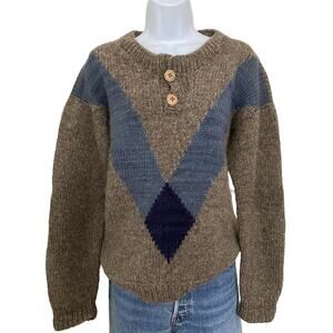 Vintage 60s 70s Folklore Del Ecuador Chunky Wool Hand Knit Preppy Sweater Size S